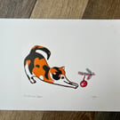 Christmas cat with bauble reduction lino print 
