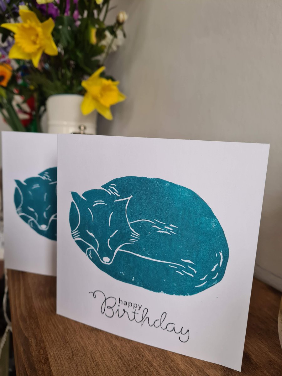 Handprinted teal fox linocut card with or without text