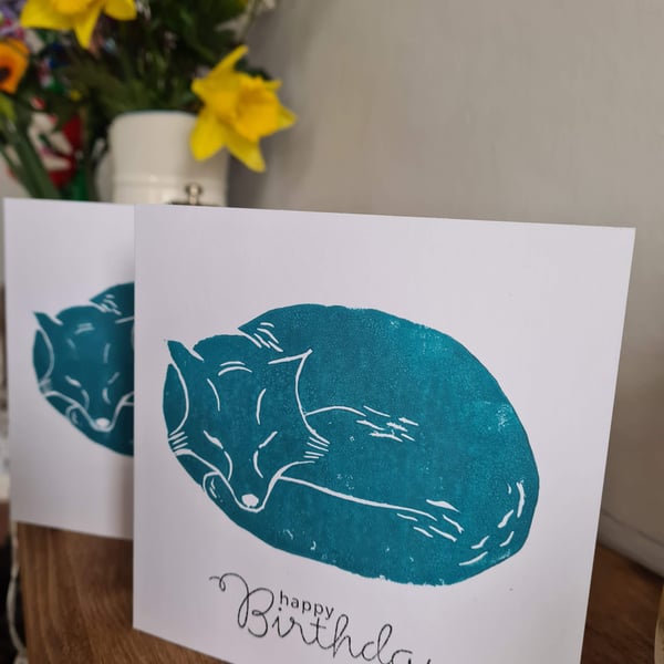 Handprinted teal fox linocut card with or without text