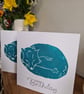 Handprinted teal fox linocut card with or without text