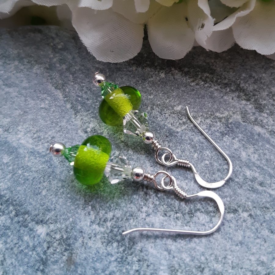 Sterling Silver Handmade Green Lampwork Glass and Crystal Earrings