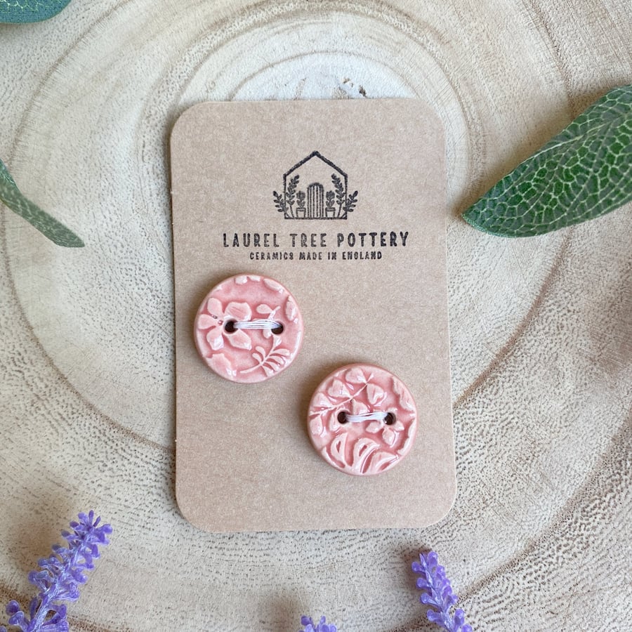 Two Decorative 20mm Pink Ceramic Buttons
