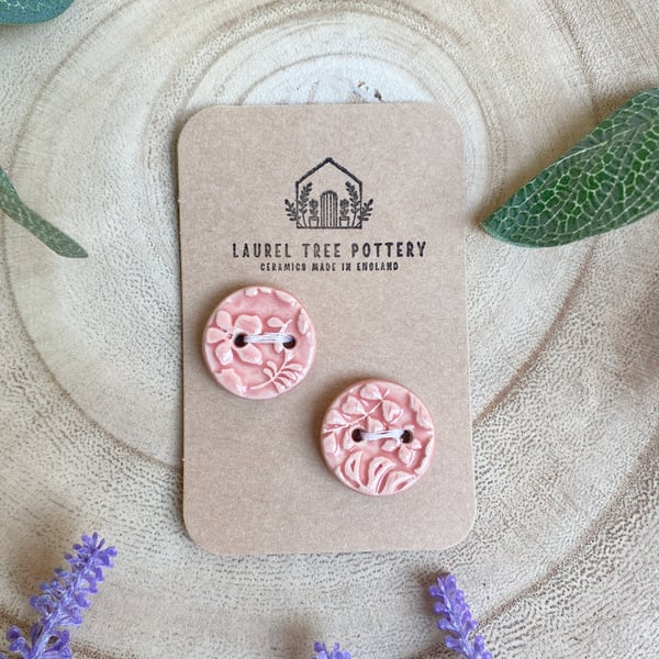 Two Decorative 20mm Pink Ceramic Buttons