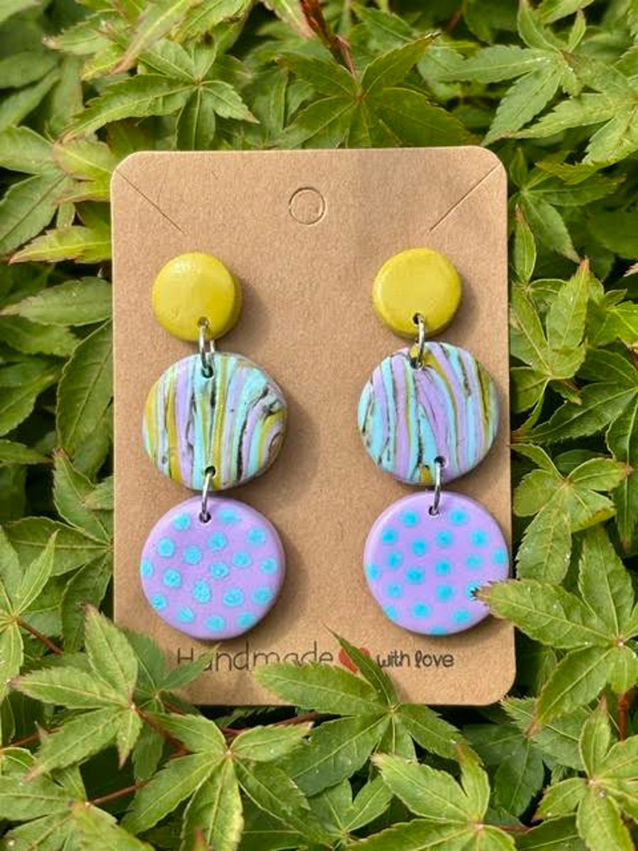 Turquoise, Lavender and Mustard Patterned Drop Earrings