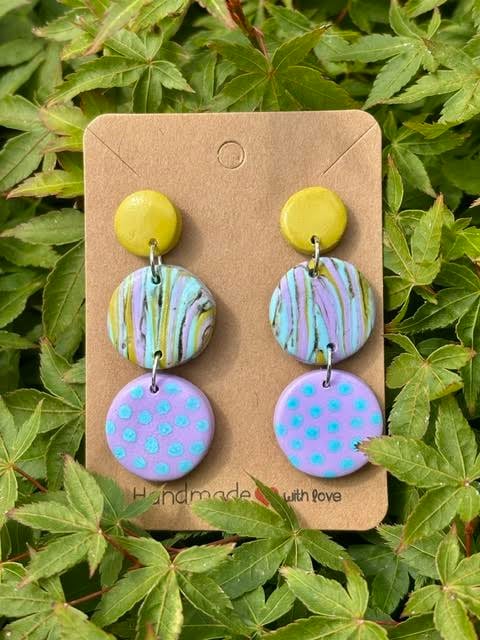 Turquoise, Lavender and Mustard Patterned Drop Earrings