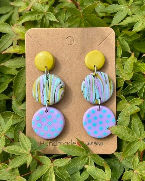 Turquoise, Lavender and Mustard Patterned Drop Earrings