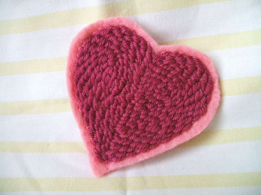 Embroidered heart brooch - dark pink thread on pink felt