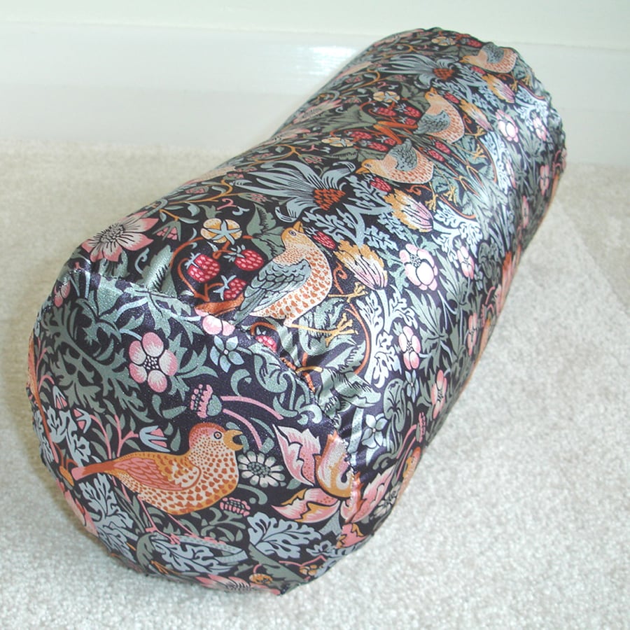 William Morris Strawberry Thief Bolster Cushion COVER 16" Cylinder Satin Black