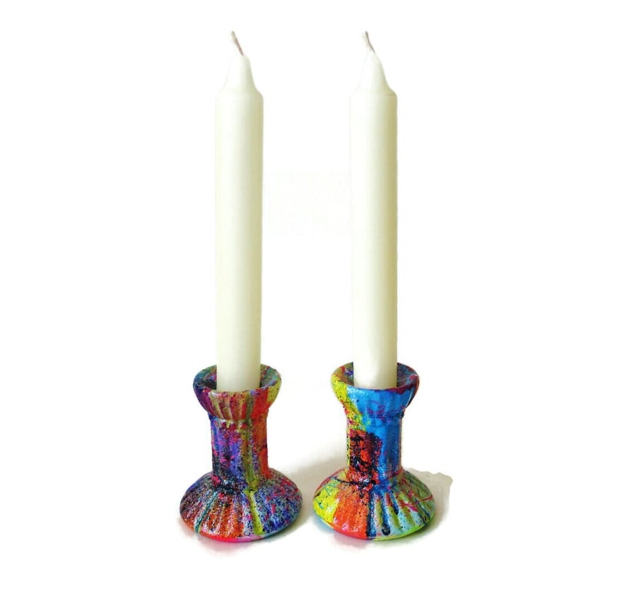 Hand Painted Candlesticks Candle Holders Multicolour Graffiti Punk Grunge Style