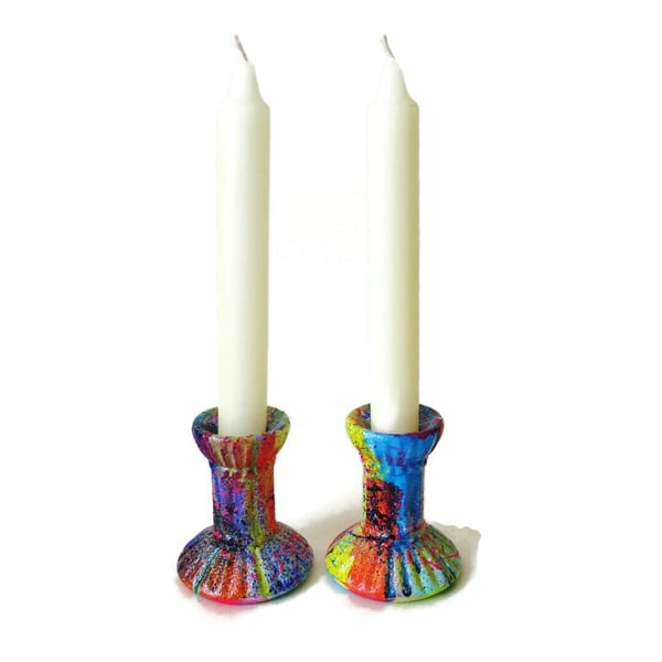 Hand Painted Candlesticks Candle Holders Multicolour Graffiti Punk Grunge Style