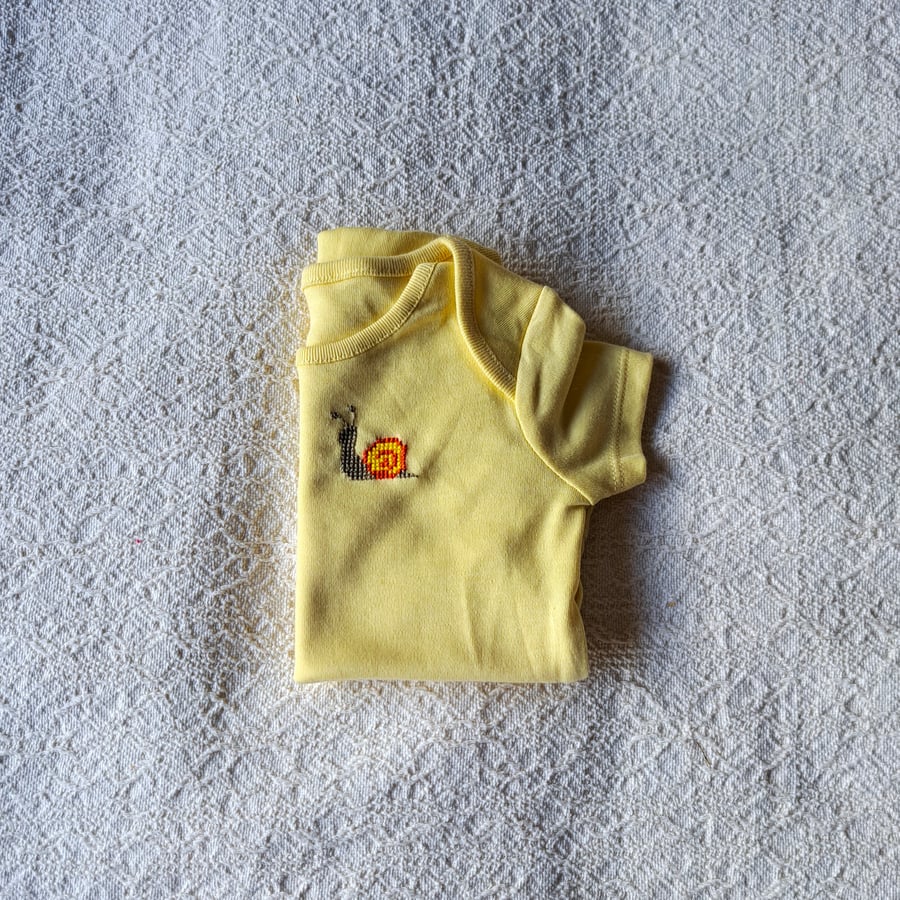 Snail, baby vest, age 3-6 months, hand embroidered