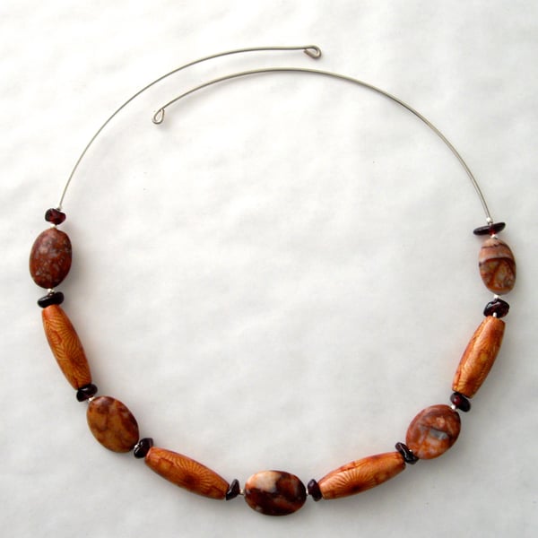 Jasper, Garnet and Wood Memory Wire Necklace - UK Free Post