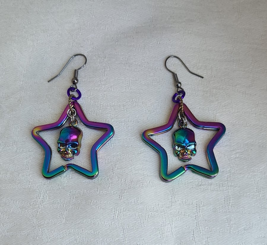 Gorgeous Rainbow Star With Rainbow Skull Earrings - Gun Metal Tone Ear Wires.