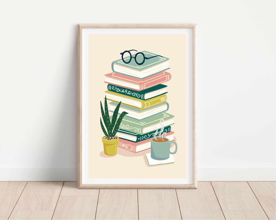 Stack of Books Art Print for Reading Corner Bookshelf Decor