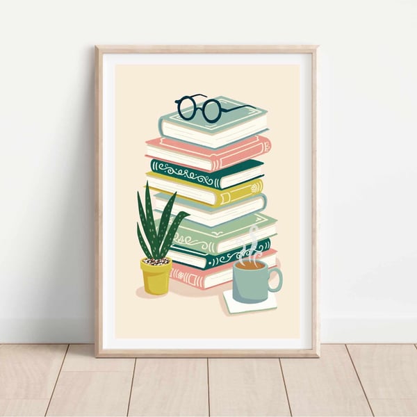 Stack of Books Art Print for Reading Corner Bookshelf Decor