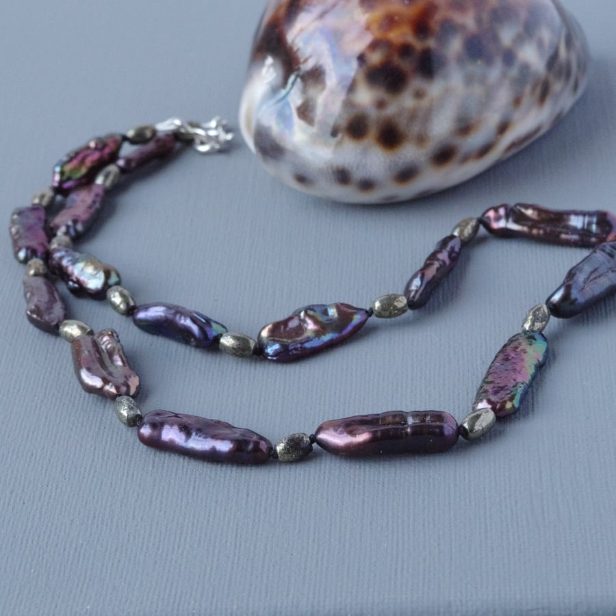 Super Lustre Iridescent Black Biwa Stick Pearl Necklace on Silk 925 Silver Clasp