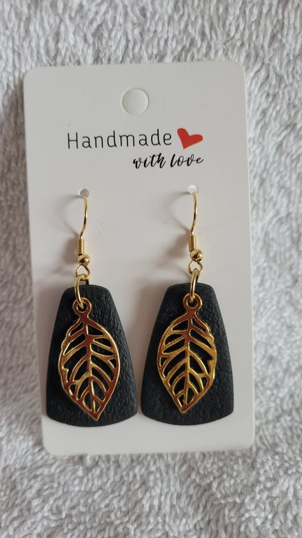 Handmade Black and Gold Leaf Polymer Clay Earrings. 316 Surgical Stainless Steel