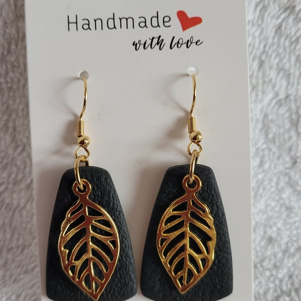 Handmade Black and Gold Leaf Polymer Clay Earrings. 316 Surgical Stainless Steel