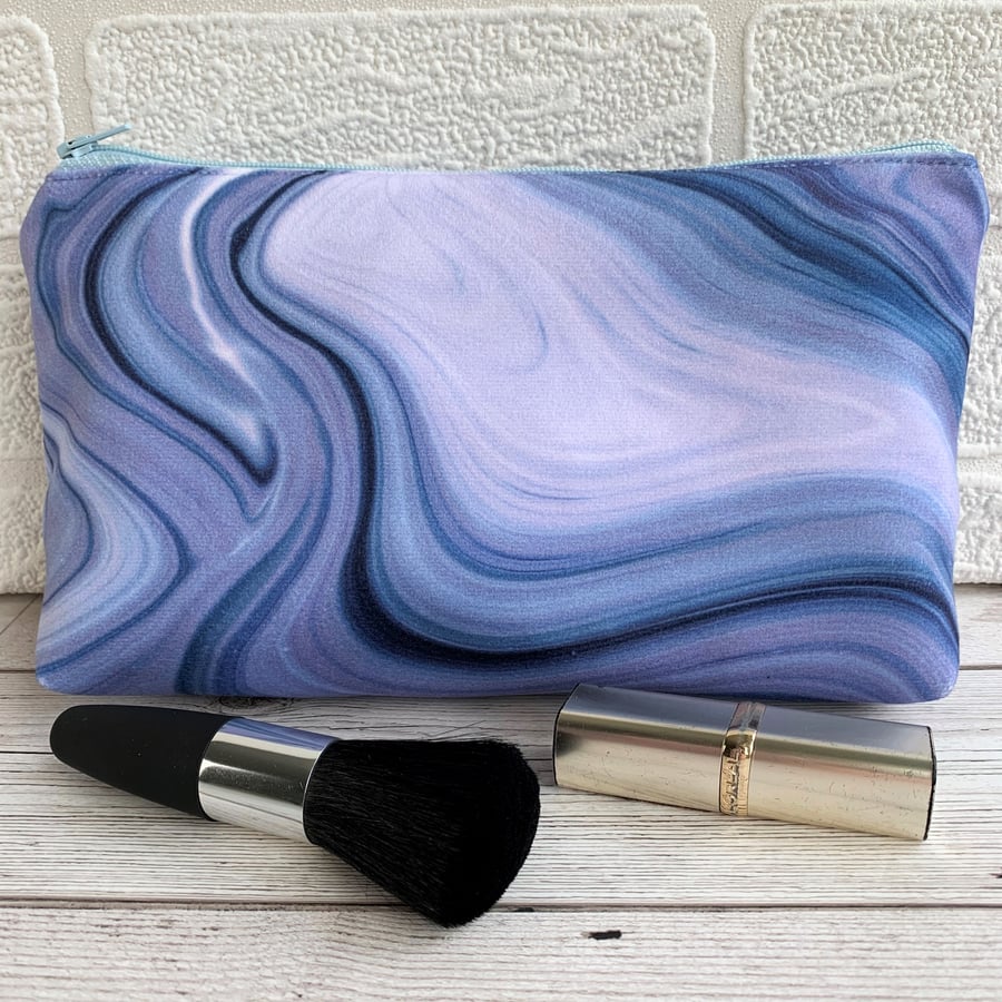 Make up bag or pencil case with blue marbled pattern