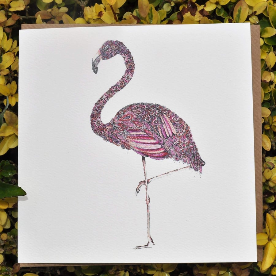 Pink Floral Flamingo blank card 