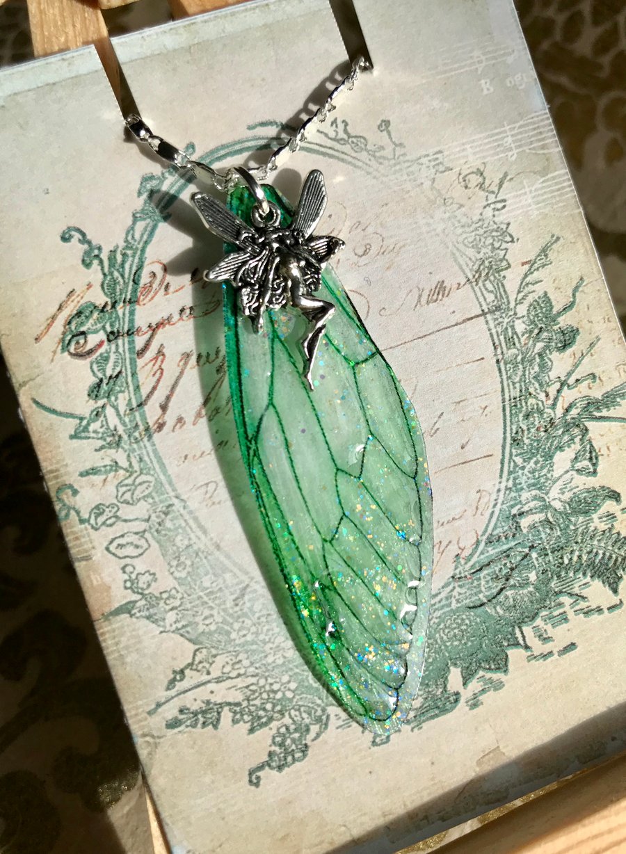 Forest Green Fairy Wing Sterling Silver Necklace