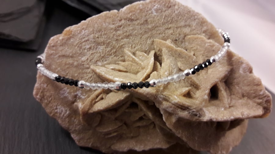 Black Spinel, White Topaz and Sterling Silver Bracelet With Your Choice of Charm