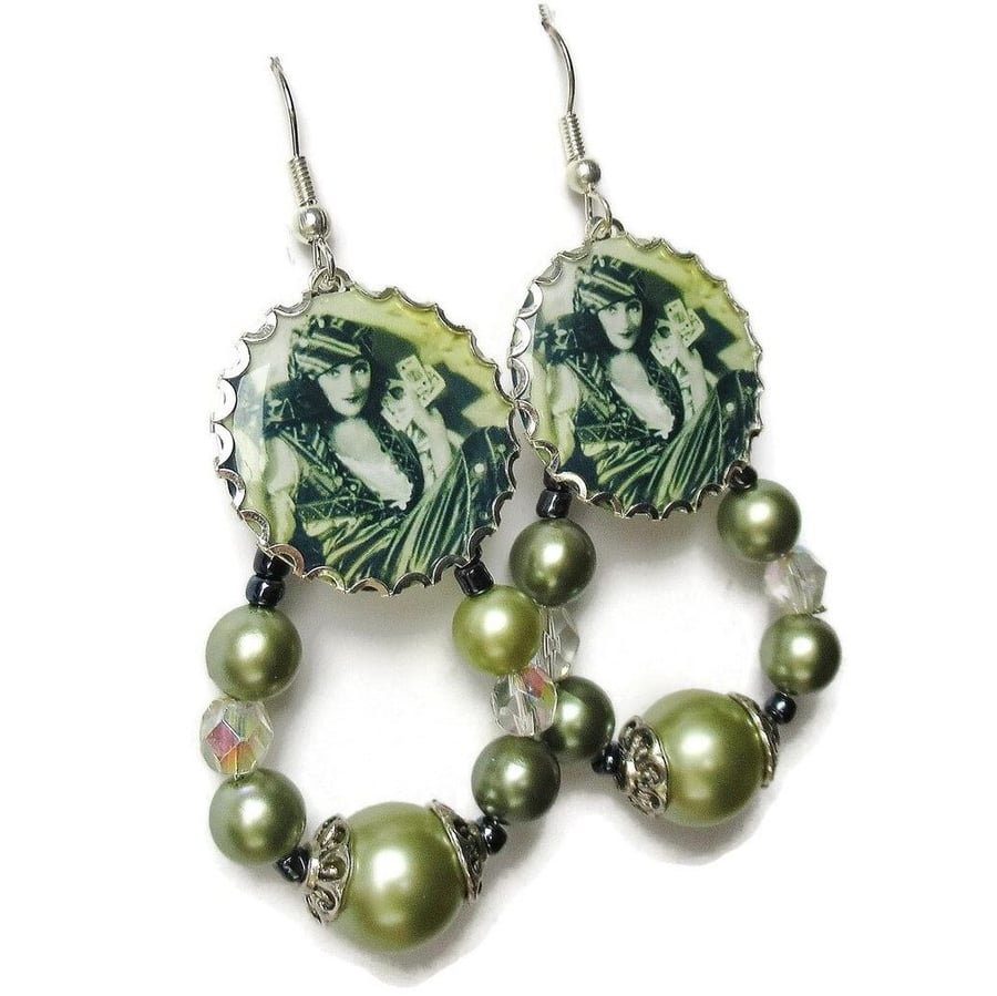 Art Deco Style Earrings Fate Fortune Luck Gambling Poker Theme Green Pearl Beads