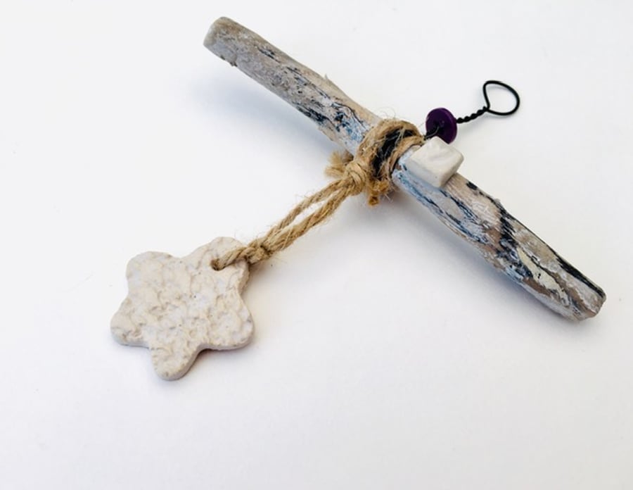 Driftwood wall hanger, clay charm, gift idea, birthday, unique pottery 