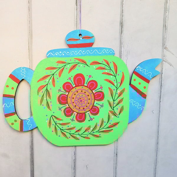 Hand painted wooden hanging teapot decoration flower folk art wall art
