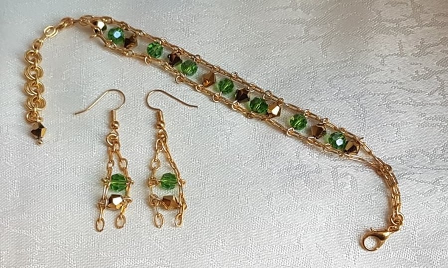 Gorgeous Green and Gold tones Crystal chain cuff bracelet and earring set