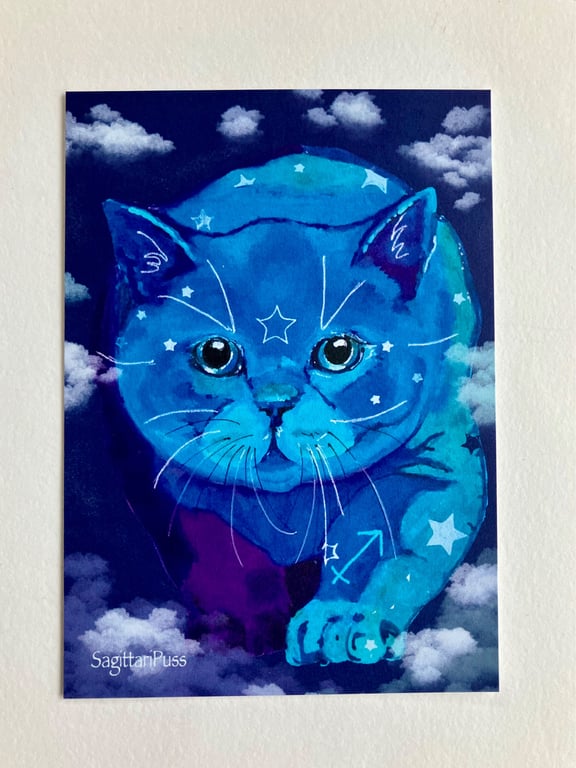 Sagittarius Cat Print Postcard and Kraft Brown Envelope Size A6 The Zodicats 