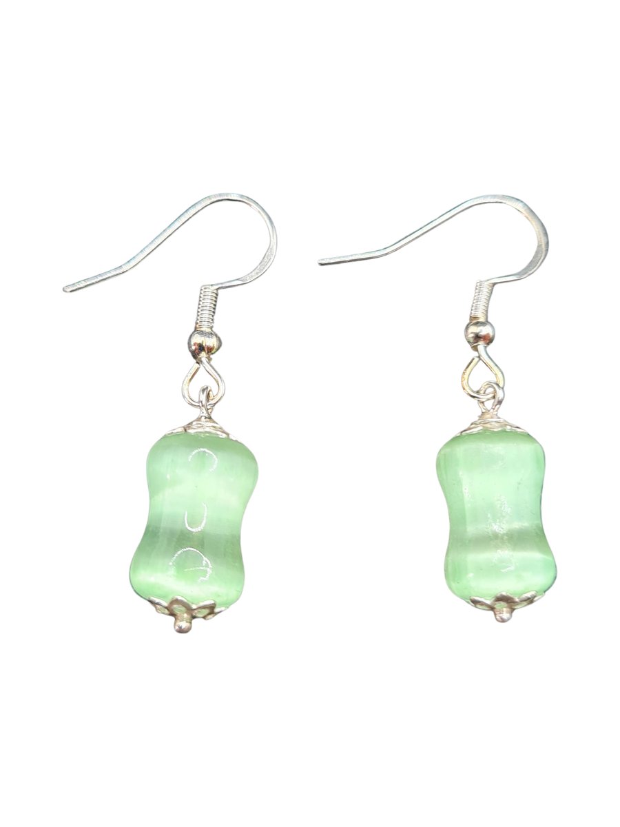 Handmade Green Bamboo Selenite Earrings - 925 Sterling Silver Hooks