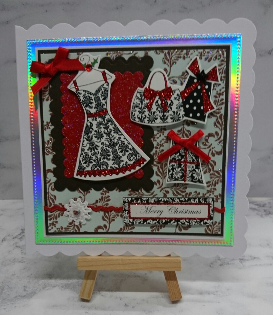 Christmas Card Red Black White Dress Handbag and Presents 3D Luxury Handmade