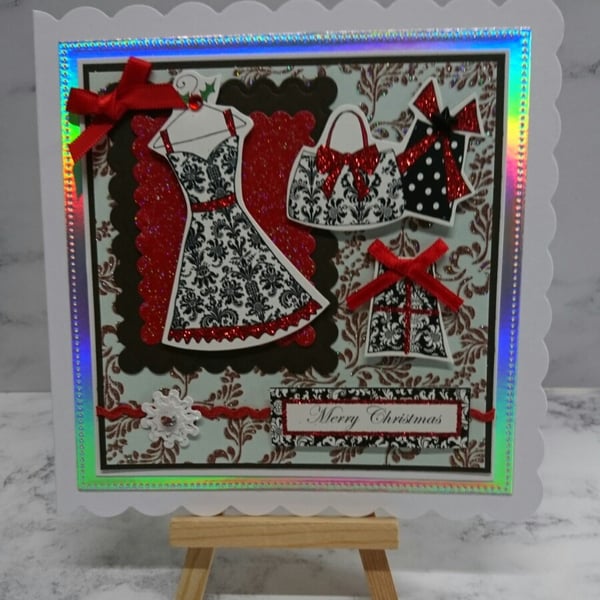 Christmas Card Red Black White Dress Handbag and Presents 3D Luxury Handmade