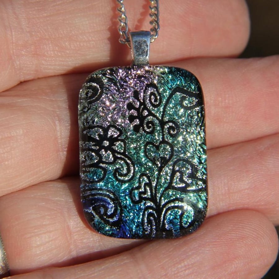 Handmade Dichroic Fused Glass Pastel Heart Flower Pendant Necklace SKU F48