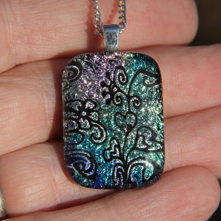 Handmade Dichroic Fused Glass Pastel Heart Flower Pendant Necklace SKU F48