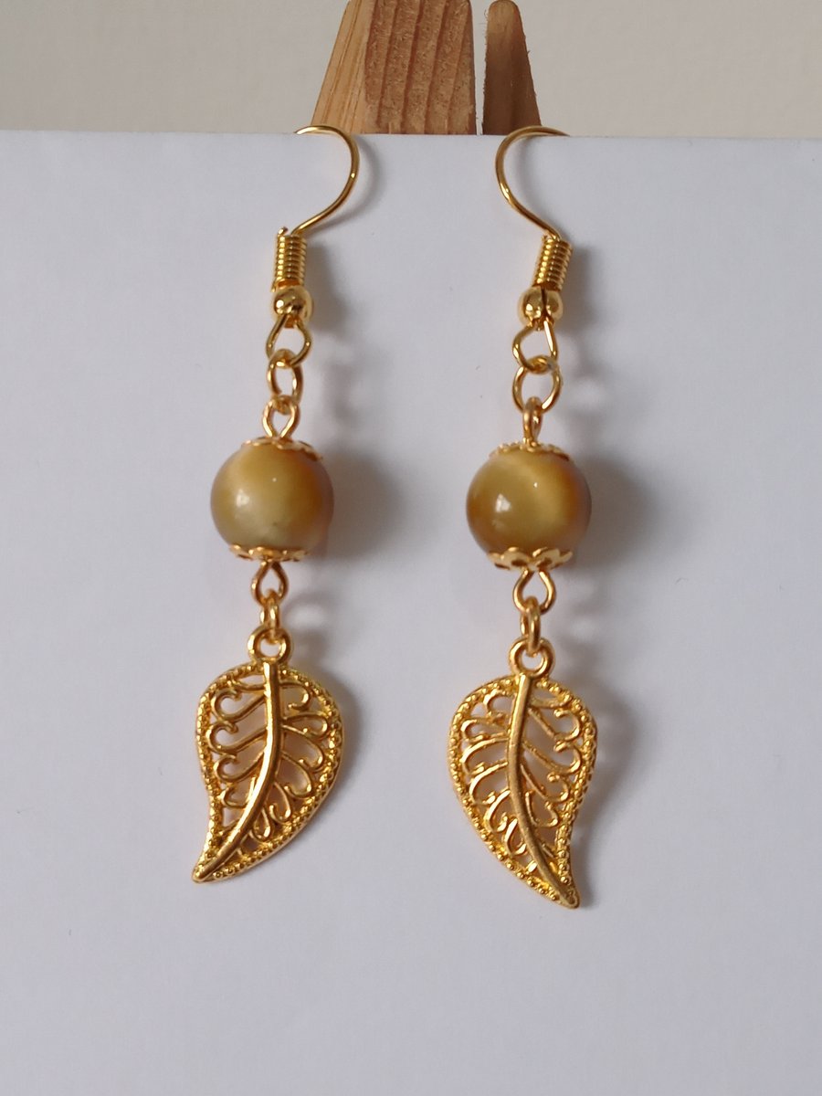 Antique Gold Leaves Earrings with Gold Tigers Eyes - 6 closures to choose from