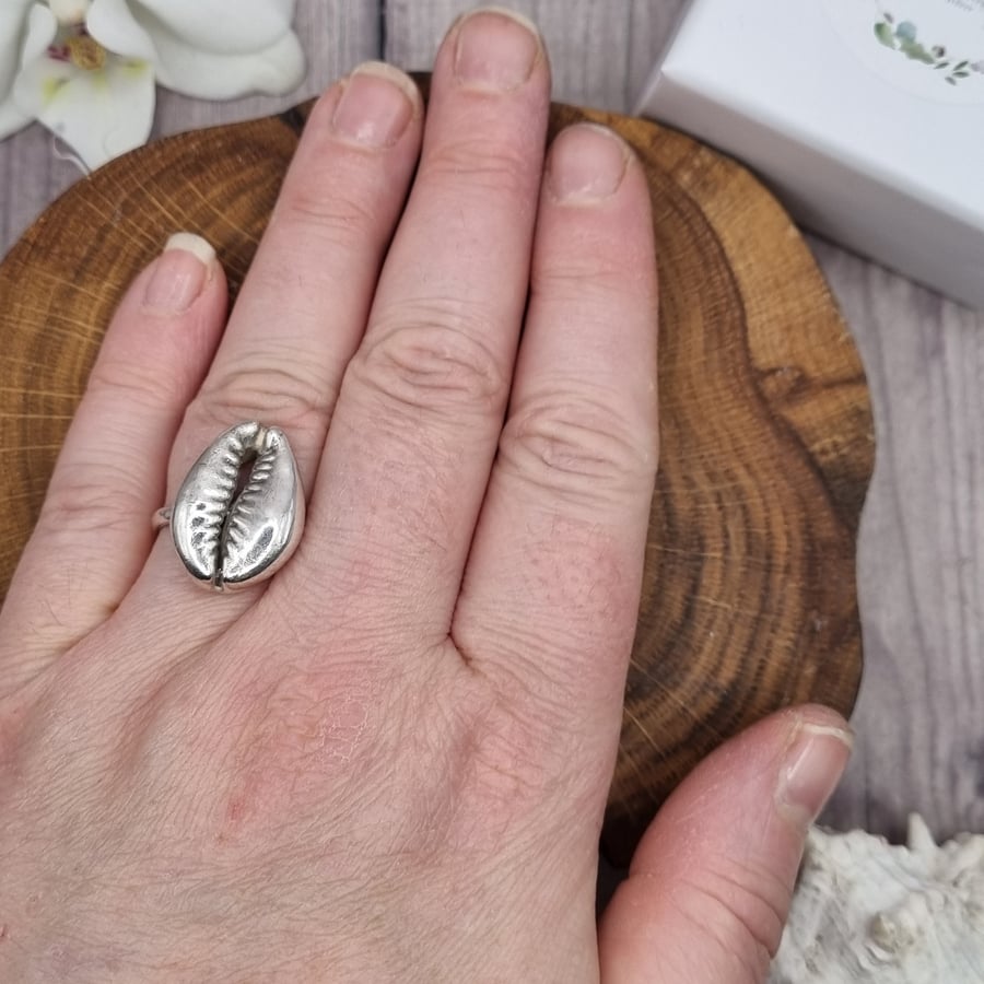 Real cowrie shell preserved in silver on ring, size O