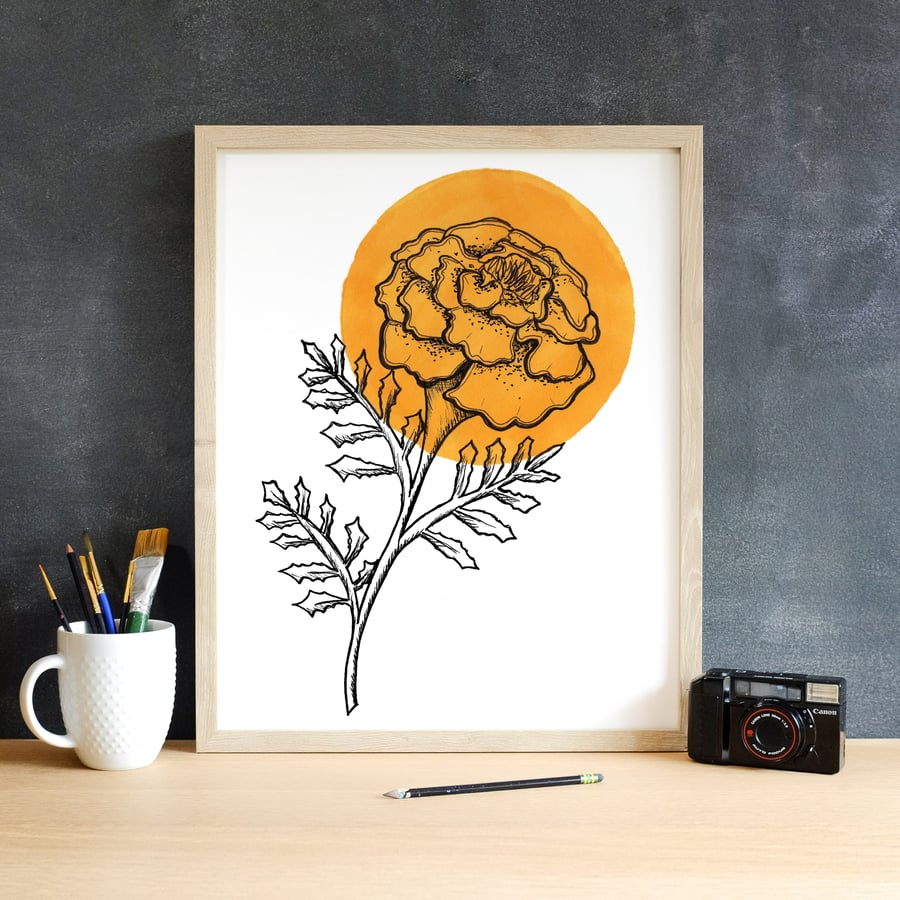 Minimalist Orange Marigold Flower Illustration Fine Art Print