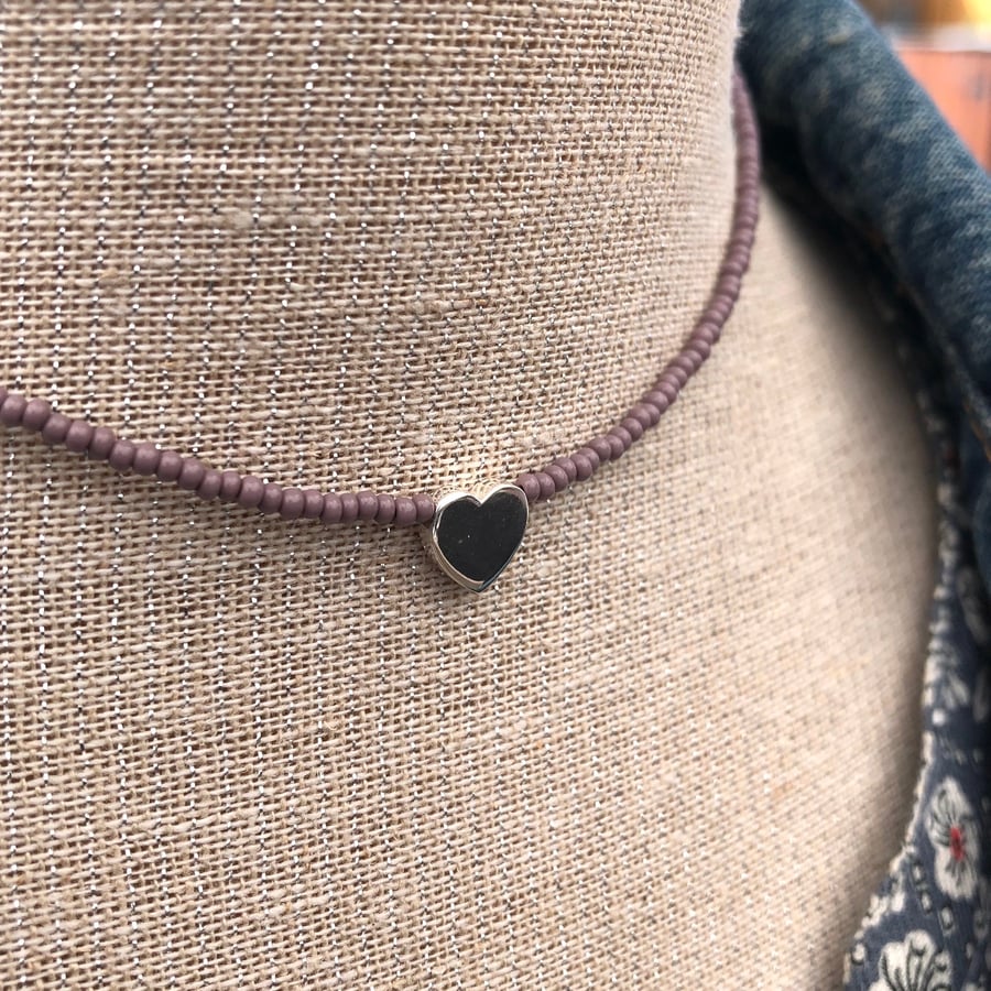 Lilac seed bead choker with sterling silver heart.