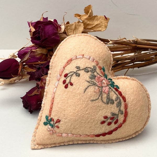 Hand embroidered wool felt heart, ornamental scented heart, wall decor.