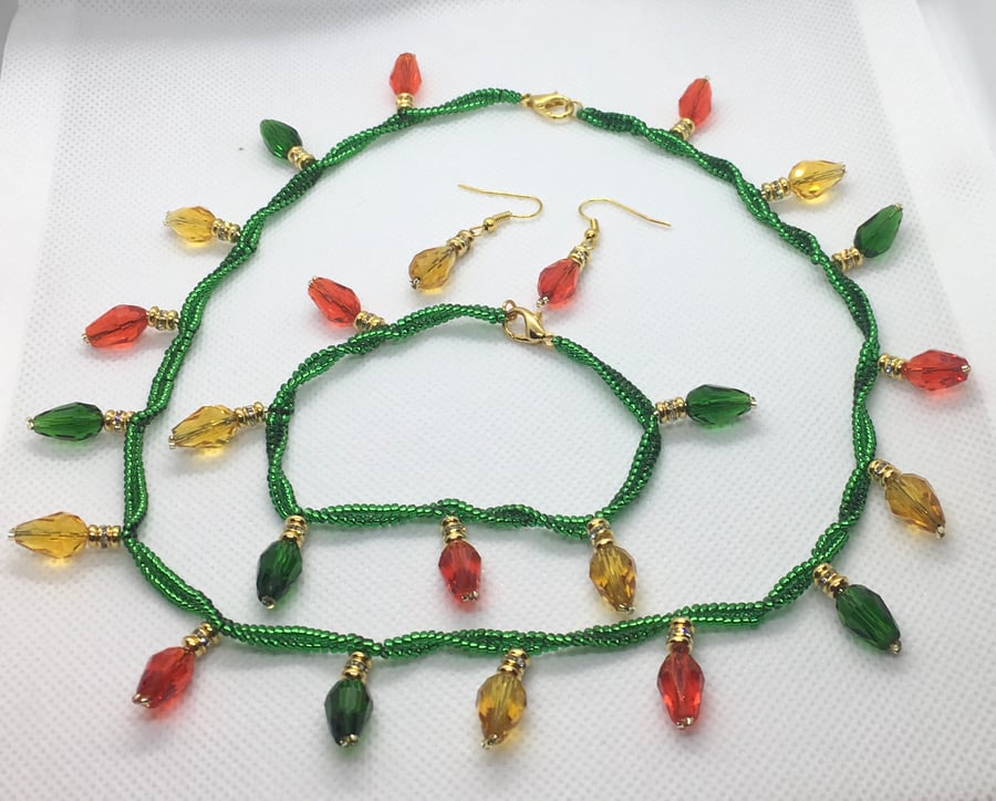 Christmas lights necklace, earrings and bracelet set