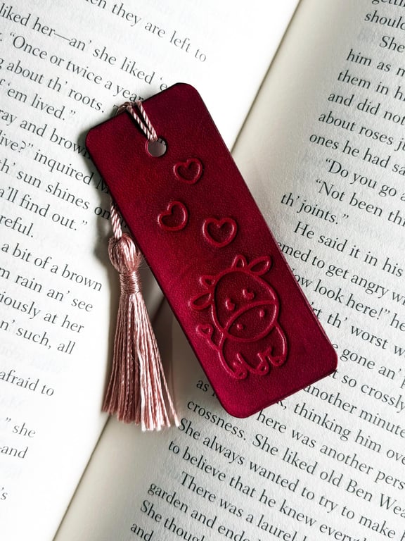 Handmade Genuine Leather Bookmark: Embossed Cow Design, Pocket-Sized Gift