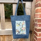 Blue Tits and Cherry Blossom rescued tapestry tote with reclaimed denim