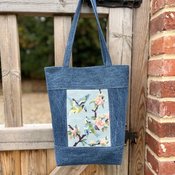 Blue Tits and Cherry Blossom rescued tapestry tote with reclaimed denim