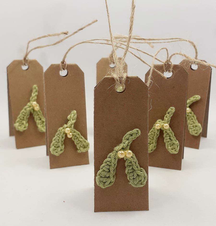 Six Small Folded Tags with Crochet Mistletoe 