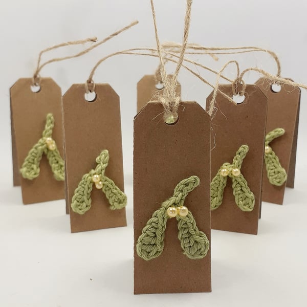 Six Small Folded Tags with Crochet Mistletoe 