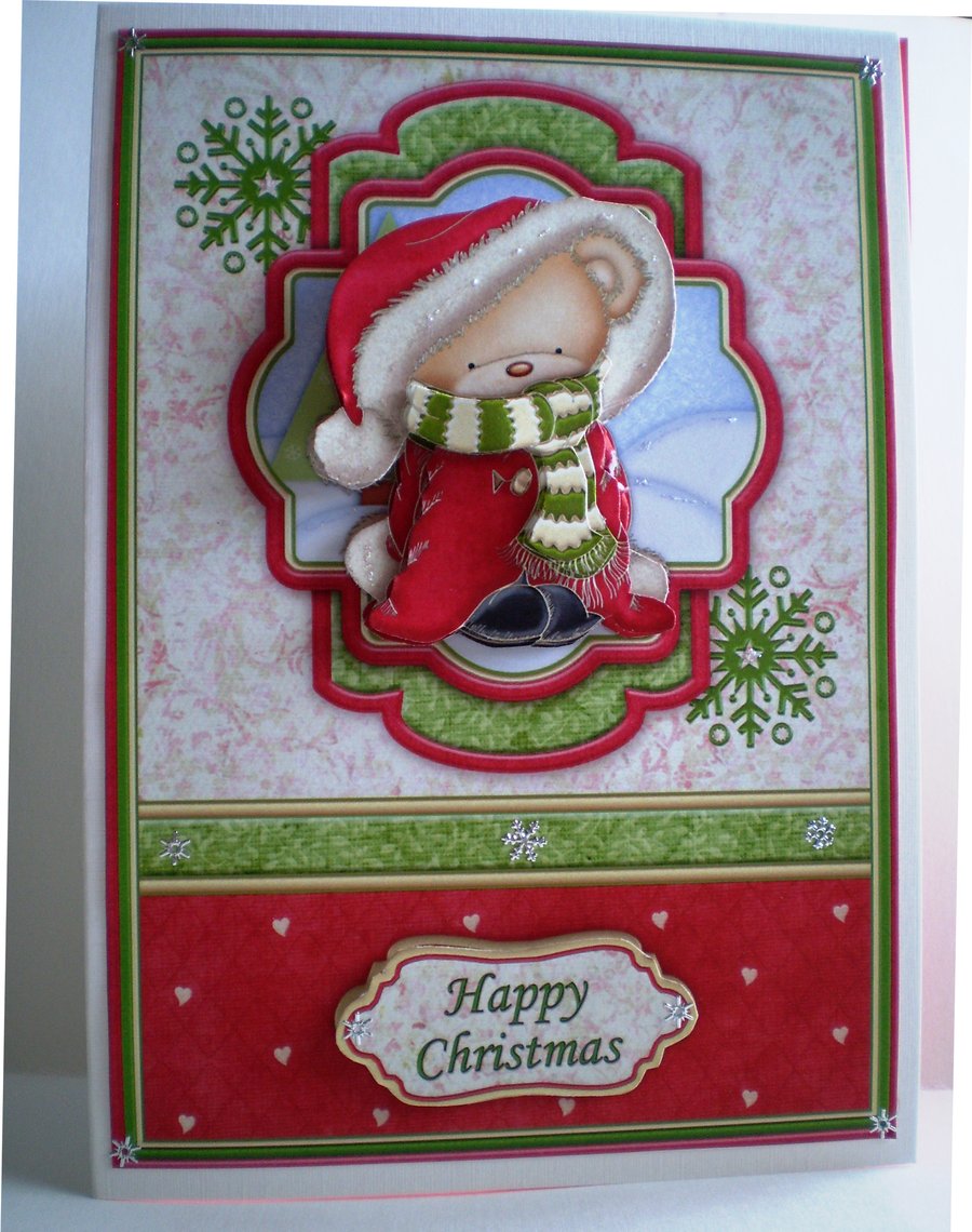 Decoupage Cute Teddy Christmas Card,Handmade,3D