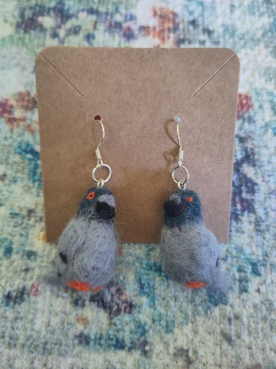 Needle-felted pigeon earrings