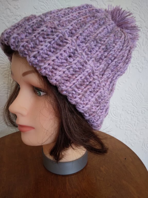 Crochet rib effect bobble hat for adult. Pink acrylic